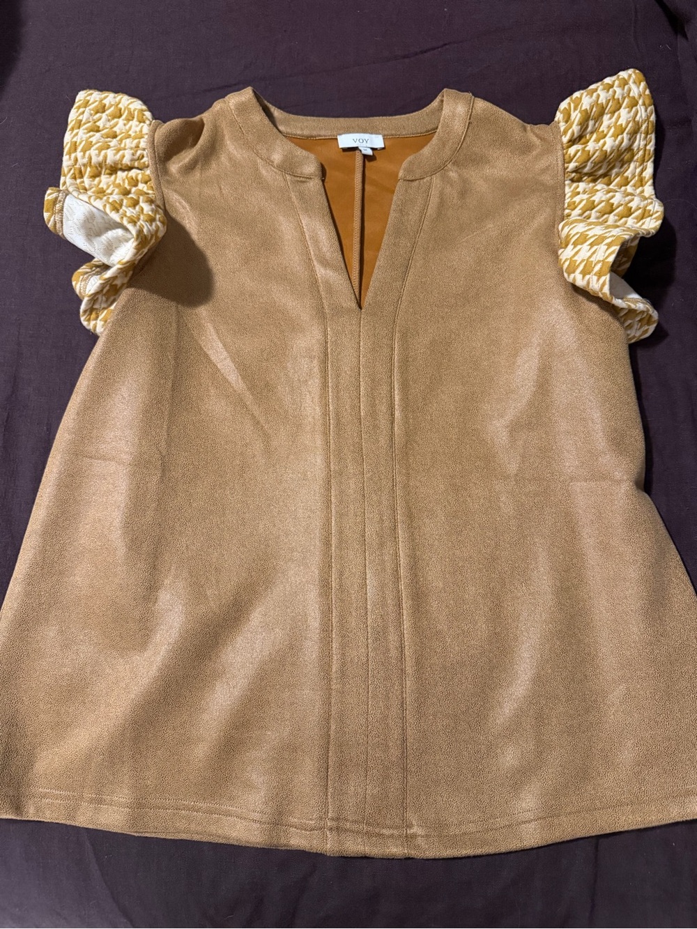 VOV Shoulder-Ruffle Suede-Look Top in Camel with Yellow Houndstooth Sleeves